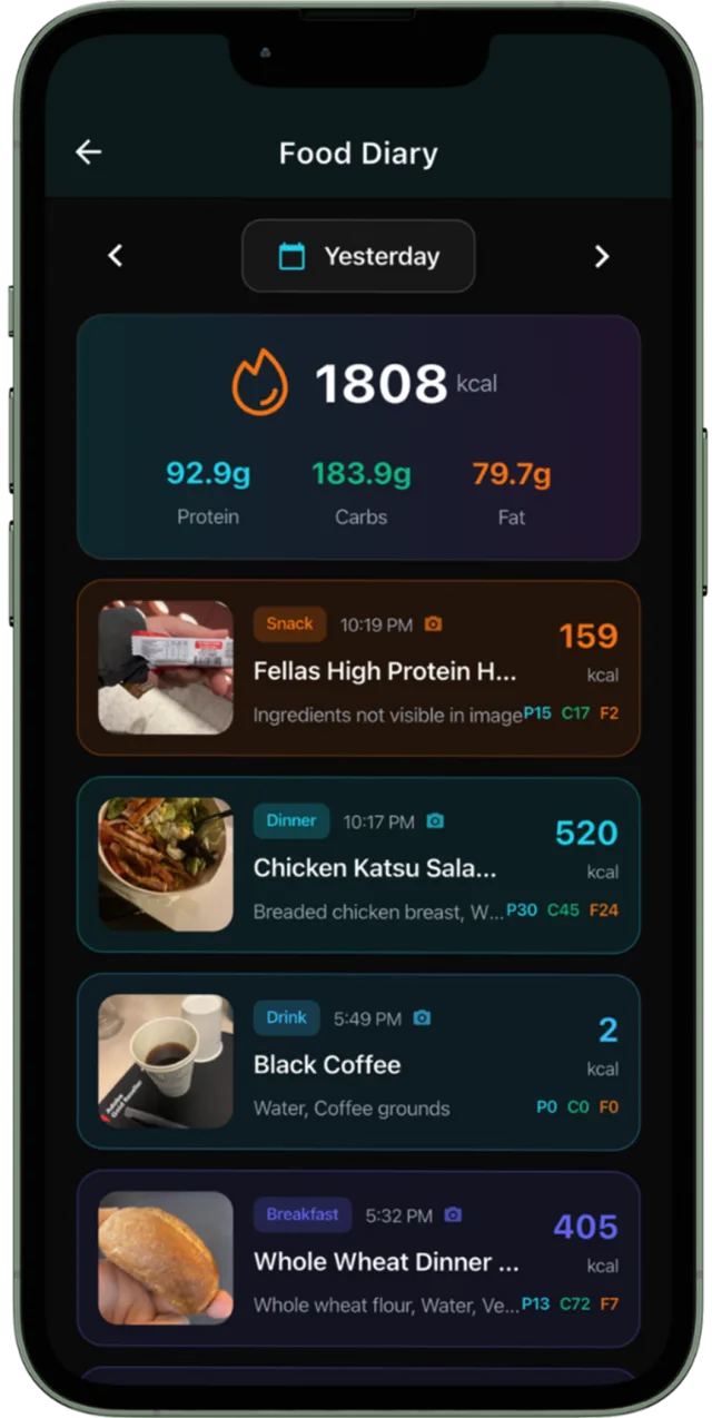 DietX food diary with calories and macros for each meal